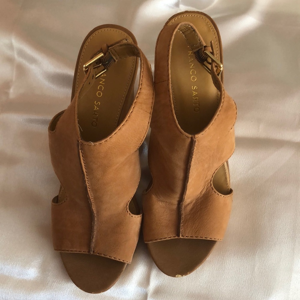 Franco Sarto Wedge Sandals size 8.5 M leather upper glamour tan brown
